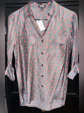 Express Women’s Gray Button-Down Shirt with Pink Polka Dots